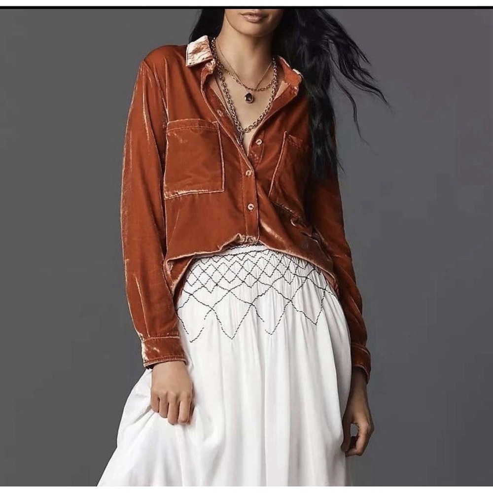 Pilcro The Hadley Velvet Relaxed Button Down Oversized Shirt Size M Orange $128